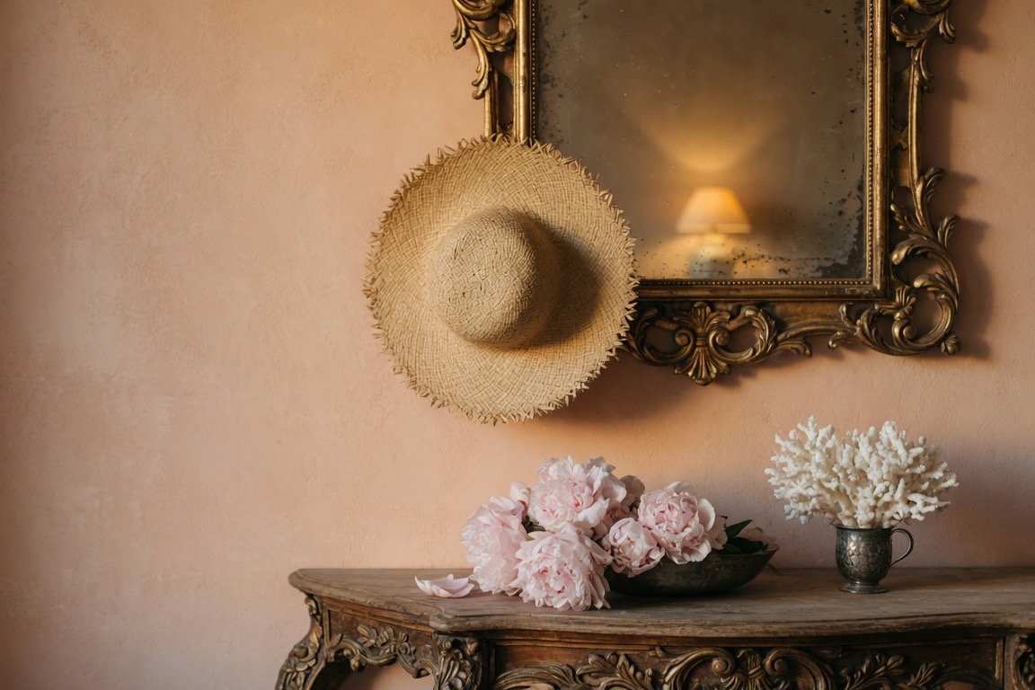 Cut peonies laid on a carved console beneath a gilt mirror, a straw hat on its corner, in warm afternoon light